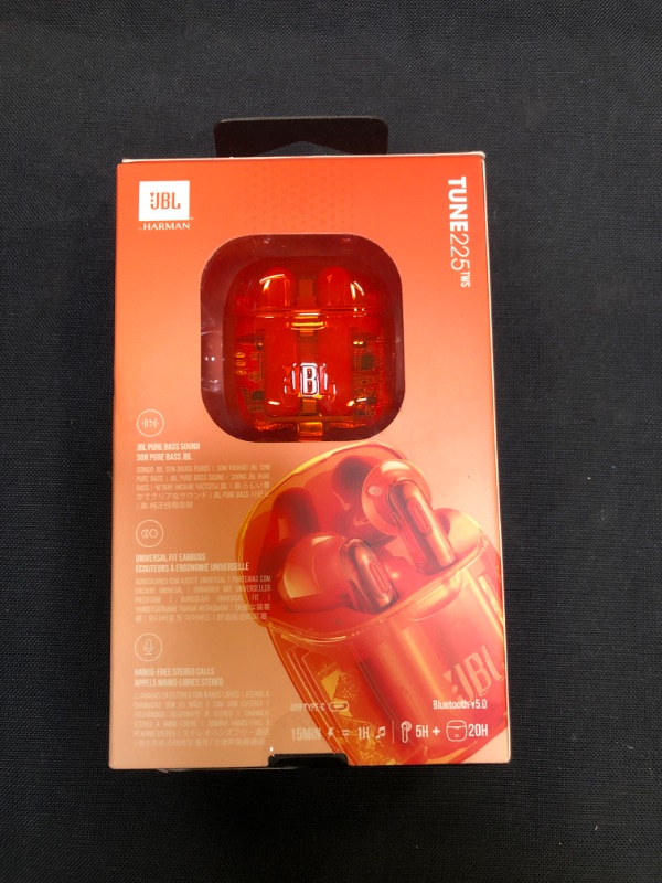 Photo 2 of JBL Tune 225TWS True Wireless Earbud Headphones - JBL Pure Bass Sound, Bluetooth, 25H Battery, Dual Connect, Native Voice Assistant (Ghost Orange) FACTORY SEALED 
