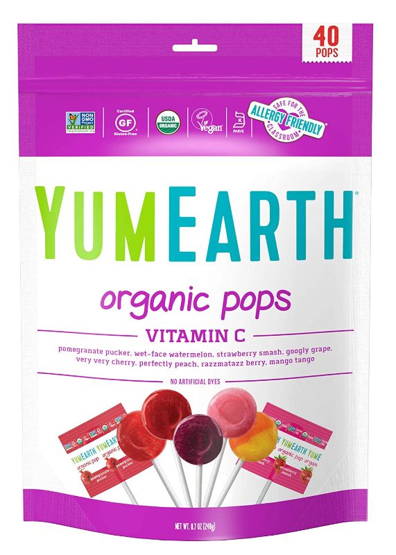 Photo 1 of YumEarth Organic Fruit Flavored Vitamin C Pops Variety Pack, 40 Lollipops, Allergy Friendly, Gluten Free, Non-GMO, Vegan, No Artificial Flavors or Dyes EXP ARP 19/24 & Wonderful Pistachios No Shells Honey Roasted, 11 Oz EXP JAN 12/23

