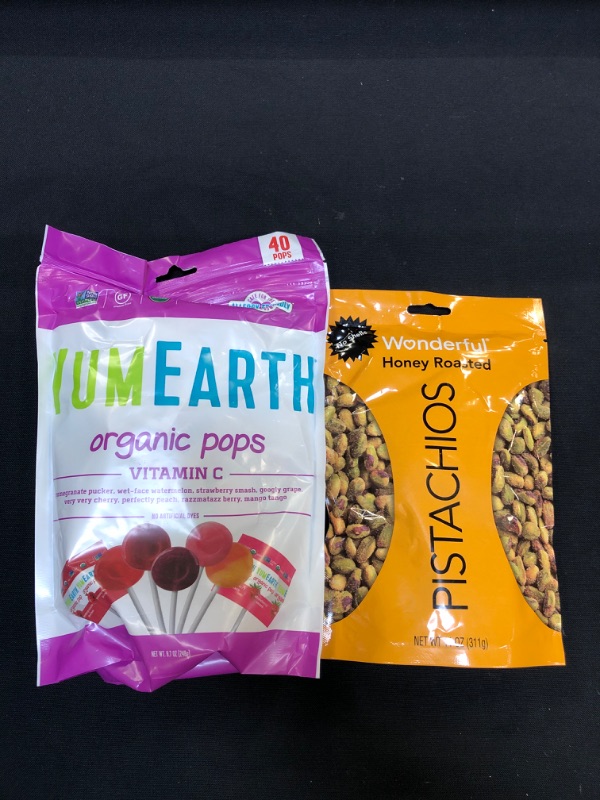 Photo 3 of YumEarth Organic Fruit Flavored Vitamin C Pops Variety Pack, 40 Lollipops, Allergy Friendly, Gluten Free, Non-GMO, Vegan, No Artificial Flavors or Dyes EXP ARP 19/24 & Wonderful Pistachios No Shells Honey Roasted, 11 Oz EXP JAN 12/23

