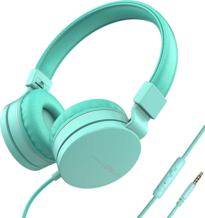 Photo 1 of LORELEI L-01 On-Ear Kids Headphones with Microphone, Lightweight Folding Stereo Bass Headphones with 1.5M No-Tangle Cord, Portable Wired Headphones for School/Trip/Plane(Mint-Green)
