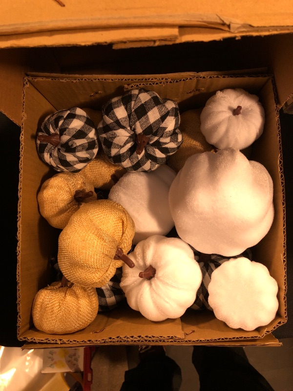 Photo 2 of 16 Pcs Artificial Pumpkins Assorted Fall Pumpkins White Pumpkins Burlap Pumpkins Rustic Pumpkins for Fall Harvest Thanksgiving Halloween Fireplace Decorations
