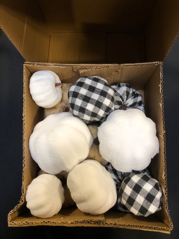 Photo 1 of 16 Pcs Artificial Pumpkins Assorted Fall Pumpkins White Pumpkins Burlap Pumpkins Rustic Pumpkins for Fall Harvest Thanksgiving Halloween Fireplace Decorations
