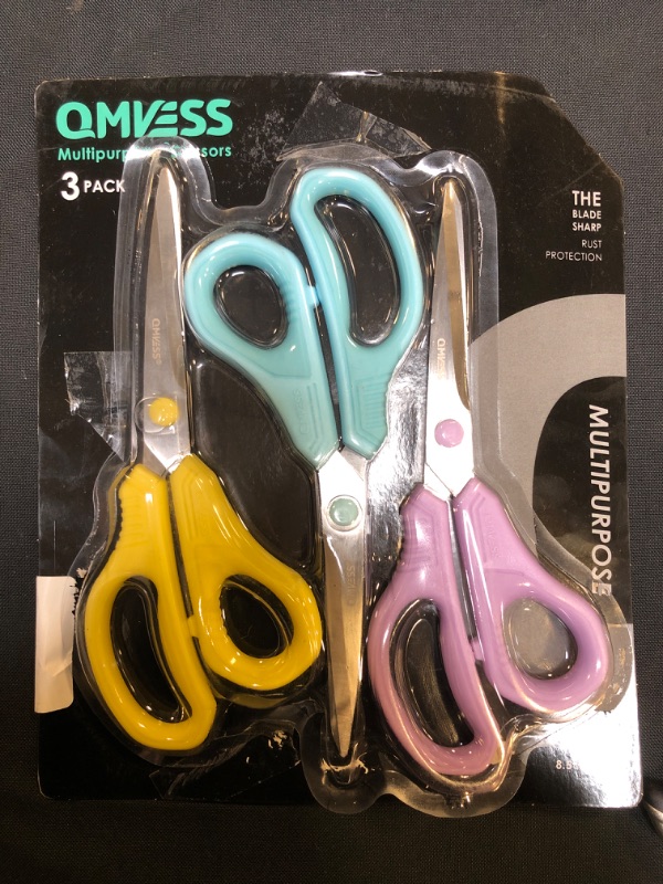 Photo 2 of Scissors, QMVESS 8.5" Multipurpose Scissors for Office 3-Pack Ultra Sharp Scissors All Purpose Comfort-Grip Scissors for School Office Home Sewing Fabric Craft Supplies, Right / Left Handed
