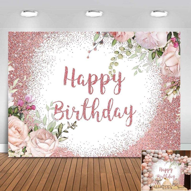 Photo 1 of Yongqian YQ 7x5ft Rose Gold Glitter Birthday Backdrops for Girls Women Pink Rose Flowers Happy Birthday Party Photography Backdrop Kids Baby Shower Cake Table Decoration Supplies Studio Props Banner
