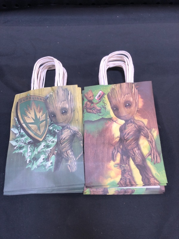 Photo 2 of 16 Pcs Groot Party Paper Gift Bags, 2 Styles Party Favor Bags with Handles for Baby Boys Cartoon Fans Groot Birthday Party Decorations, Goody Bags Candy Gift Bags
