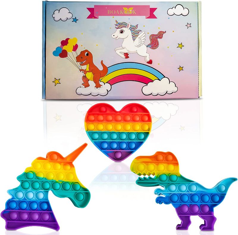 Photo 1 of 3 Packs Pop Fidget Sensory Toys Rainbow Autism Special Needs Stress Relief Silicone Pressure Relieving Toys for Girls Boys Toddler and Adults Push Pop Bubble Great Gifts with Dinosaur Unicorn Heart
