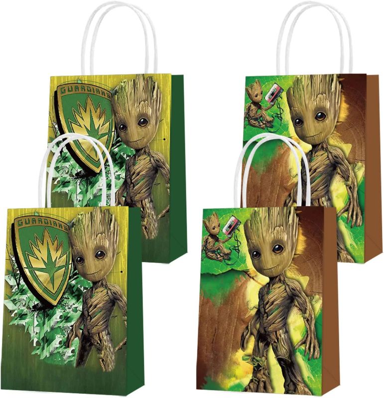 Photo 1 of 16 Pcs Groot Party Paper Gift Bags, 2 Styles Party Favor Bags with Handles for Baby Boys Cartoon Fans Groot Birthday Party Decorations, Goody Bags Candy Gift Bags
