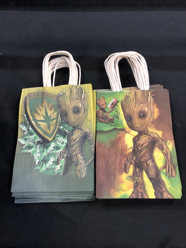 Photo 2 of 16 Pcs Groot Party Paper Gift Bags, 2 Styles Party Favor Bags with Handles for Baby Boys Cartoon Fans Groot Birthday Party Decorations, Goody Bags Candy Gift Bags
