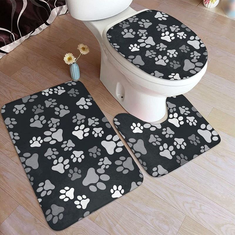 Photo 1 of 3 Pieces Bathroom Rugs Set, Non-Slip Shaggy Bathroom Mat Set,Machine Washable,Super Soft Microfiber & Non Slip Bath Rugs with Rubber Backing Solid,Black and White Paww Print