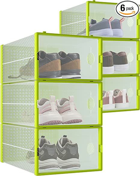 Photo 1 of 6-Pack Shoe Storage Boxes, Shoes Organizer for Closet, Clear Plastic Stackable Shoe Containers in 7 Sizes/Colors, Clear Shoe Boxes Stackable & Foldable for Sneaker Storage, Fits Shoes up to Size 10