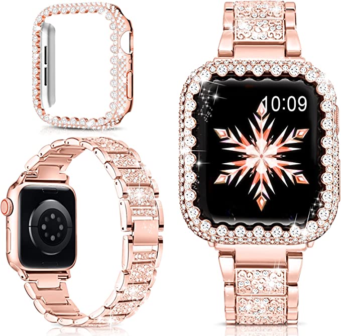 Photo 1 of Bling Metal Band Compatible for Apple Watch Bands 40mm 41mm 44mm 45mm with Lace Diamond Case,Luxury Rhinestone Stainless Steel Dressy Bracelet Strap Wristband for iWatch Series 7 SE 6 5 4 Women---factory sealed