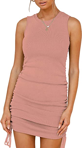 Photo 1 of BTFBM Women Sleeveless Bodycon Ruched Short Dress Side Drawstring Solid Crew Neck Casual Summer Tank Shirt Mini Dresses, XL
