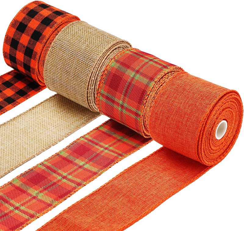 Photo 1 of 4 Rolls Plaid Burlap Ribbon Thanksgiving Wrapping Ribbon Wired Craft Ribbon Multi-Color Plaid Ribbon for Fall Thanksgiving Decoration Floral Bows Crafts (2 Inch)
