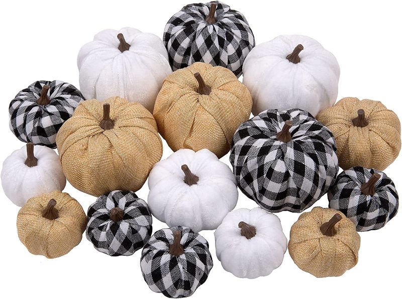 Photo 1 of 16 Pcs Artificial Pumpkins Assorted Fall Pumpkins White Pumpkins Burlap Pumpkins Rustic Pumpkins for Fall Harvest Thanksgiving Halloween Fireplace Decorations --FACTORY SEALED --
