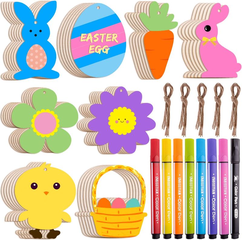 Photo 1 of 48Pcs Easter Wood Cutouts Unfinished Wooden Hanging Ornaments Easter Crafts for Kids Includes Egg Bunny Basket Chick Carrot Flower with 8 Color Pens for DIY Easter Decorations --FACTORY SEALED --
