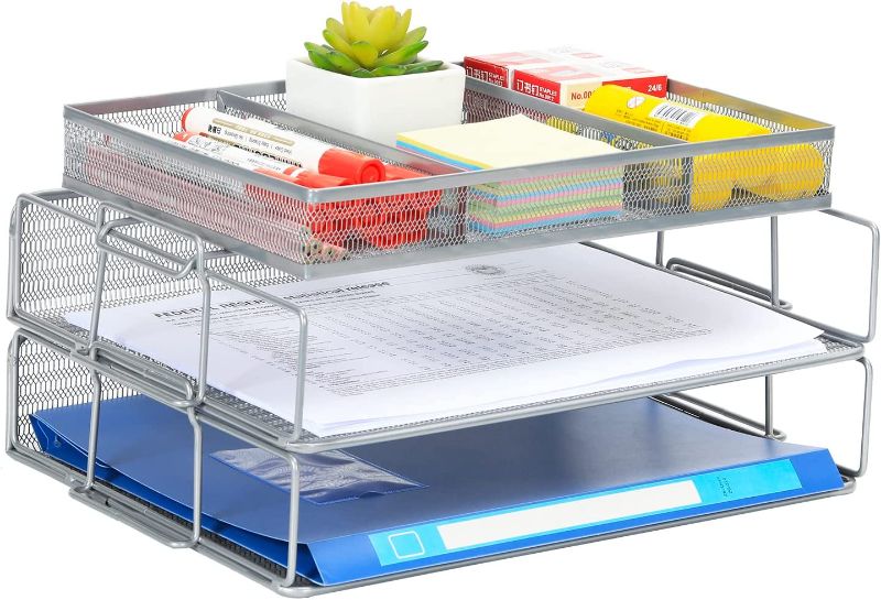 Photo 1 of PAG Letter Tray for Desk Stackable Mesh File Organizer Pencil Holder for Home Office, 3 Tier, Silver --FACTORY SEALED --
