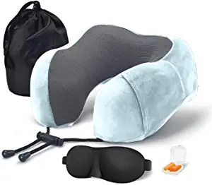 Photo 1 of Cooling Memory Foam Camping Pillow - Adjustable Buckle, Breathable Cover & Machine Washable, Easy to Carry with Eye Mask and Ear Plugs (Light Blue)
