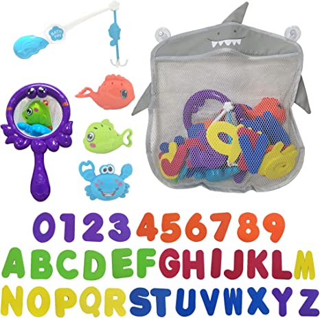 Photo 1 of Aubrogo Bath Toys Set-Bath Toys for Toddlers 1-3-Bathtub Shower Toys Fishing Game with Fish Net Squirt Toys Stoarge Bag, Foam Bath Letter and Number Bath TIme for Toddlers Boys and Girls
