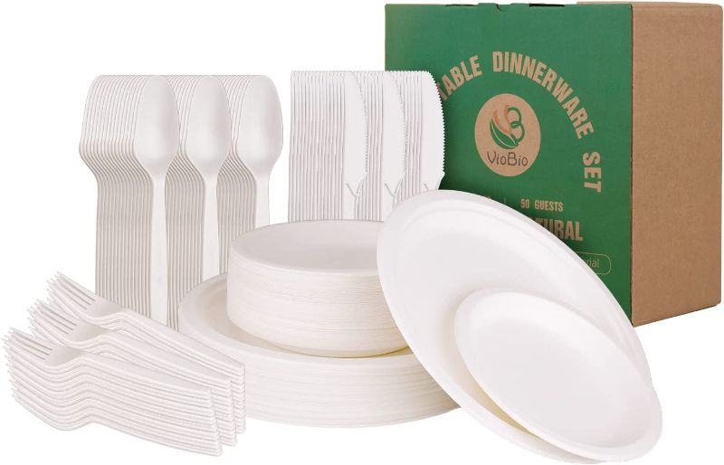 Photo 1 of [250 Pcs] Compostable Paper Plates Set, VIOBIO 50 Guests Disposable Dinnerware Set