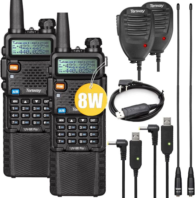 Photo 1 of Ham Radio Walkie Talkie UV-5R Pro 8W Dual Band Two Way Radio with 3800mAh Battery and Handheld Speaker Mic and Antenna 2Pack and One USB Programming Cable
