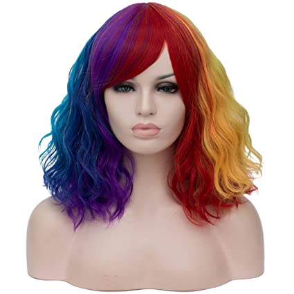 Photo 1 of BERON 14 Inches Multi Color Wig Women’s Rainbow Curly Wig with Bangs Colorful Wig for Women Halloween Cosplay Wig for Daily Use Synthetic Wigs (Multi-color)
