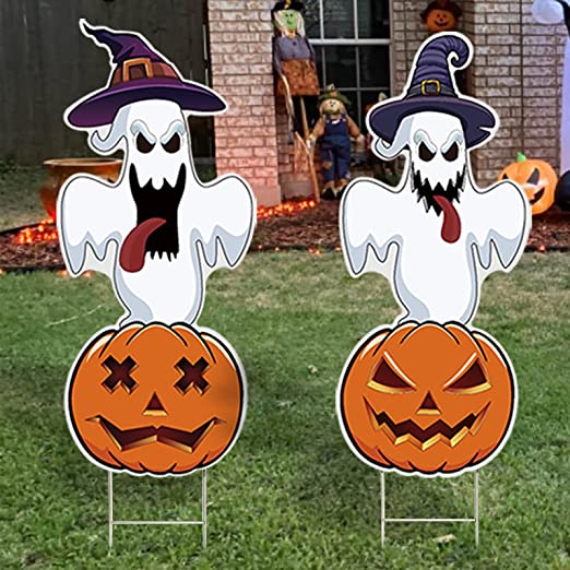 Photo 1 of [ Extra Large ] 3 Ft 2 Pack Halloween Yard Signs with Stakes Halloween Decorations Outdoor Ghost Pumpkin with Witch Hat Halloween Decor Home Outside Yard Lawn Garden Holiday Party Trick or Treat
