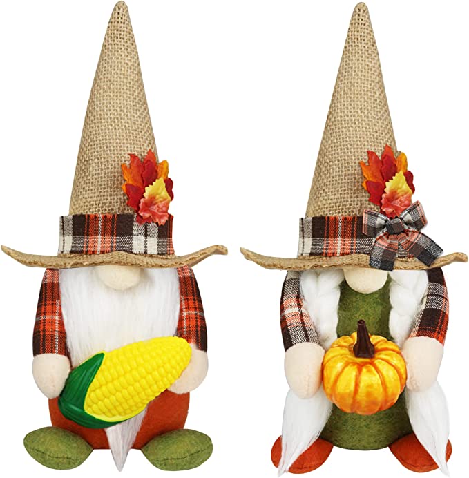 Photo 1 of 2pcs Fall Thanksgiving Burlap Gnomes Plush Decor Holded Pumpkin Corn, Rustic Autumn Handmade Swedish Tomte Gnomes Decor Ornament, Fall Farmhouse Home Office Tiered Tray Decor Thanksgiving Gifts
