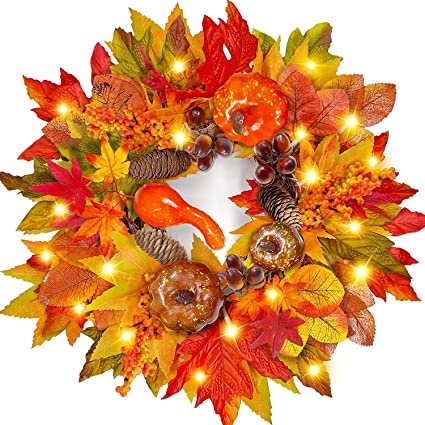 Photo 1 of [ Prelit & Timer ] Thanksgiving Fall Wreath Decor for Front Door 20 Light Thanksgiving Wreath 7 Style 5 Mixcolor 54 Maple Leaves 3 Pumpkin Battery Operated 16" Fall Thanksgiving Decor Home Outdoor