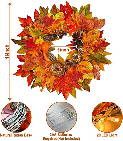 Photo 2 of [ Prelit & Timer ] Thanksgiving Fall Wreath Decor for Front Door 20 Light Thanksgiving Wreath 7 Style 5 Mixcolor 54 Maple Leaves 3 Pumpkin Battery Operated 16" Fall Thanksgiving Decor Home Outdoor