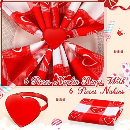 Photo 2 of 12 Pieces Valentines' Day Napkin Rings Set, Checkered Valentines Cloth Napkins Decorative Napkin Rings St Patrick's Cloth Napkins Towels Table Top Collection for Wedding Party Dinner (Heart Style)