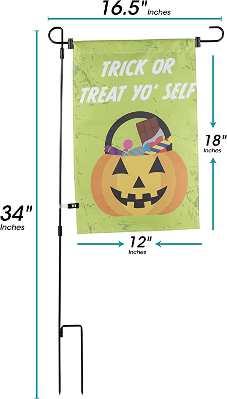 Photo 2 of Halloween Garden Flag - "Trick or Treat Yo Self" - POLE INCLUDED- 12" x 18" - Outdoor Water and Weatherproof Lawn Sign, Spooky Fall Party Decor Outdoor House Decoration