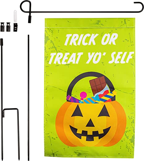 Photo 1 of Halloween Garden Flag - "Trick or Treat Yo Self" - POLE INCLUDED- 12" x 18" - Outdoor Water and Weatherproof Lawn Sign, Spooky Fall Party Decor Outdoor House Decoration