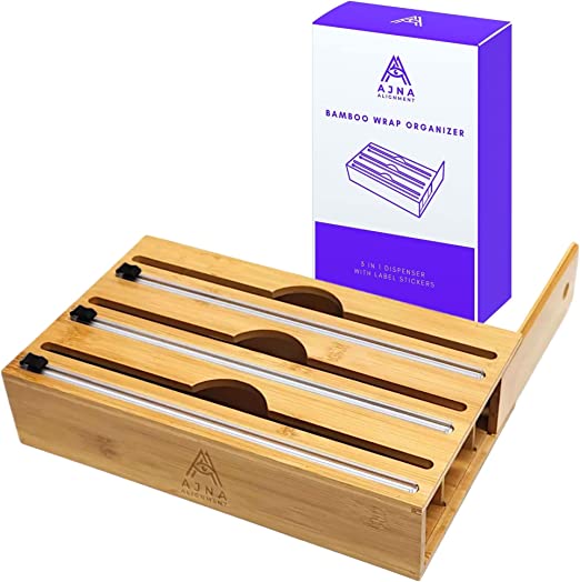 Photo 1 of AJNA ALIGNMENT Bamboo Wrap Organizer - 3 in 1 with Cutter and Label Stickers - Plastic Wrap, Wax Paper, Aluminum Foil Dispenser for Kitchen - Fits 12 inch roll
