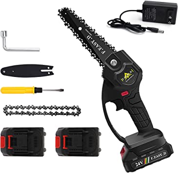 Photo 1 of 4 Inch Mini Chainsaw Power Chainsaw 1500mAh 24V 1.5Ah with Safety Lock, Portable One-Hand Chain Saw for Gardening Tree Branch Trimming Wood Cutting(2 Batteries)
