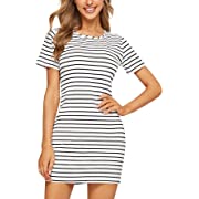 Photo 1 of Floerns Women's Casual Short Sleeve Striped Bodycon T Shirt Short Mini Dress White L