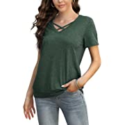 Photo 1 of Genhoo Women Casual V Neck Short Sleeve Summer T Shirts Blouses Dark Green M