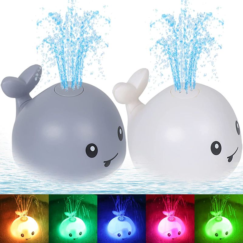 Photo 1 of AOLIGE Baby Light Up Bath Toys for Kids ?2pcs? Whale Bath Toy Sprinkler Induction Sprinkler Bathtub Toys (2PCS White & Grey Whale)
