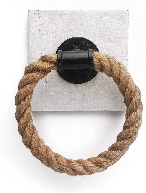 Photo 1 of 10 o'clock Rustic Rope Towel Ring - Wall Mounted Farmhouse Hand Towel Holder - for Bathroom with 6 x 6 Inch Rustic White Wood Backing and Industrial Pipe Accent
