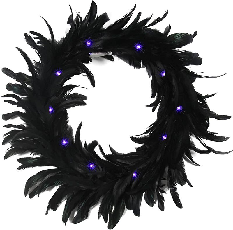 Photo 1 of  Feather Wreath Black Feather Wreath with 30 LED Purple Lights Door Hanging Spooky Scene Decor Photos Props Party Favors for Halloween Decoration
