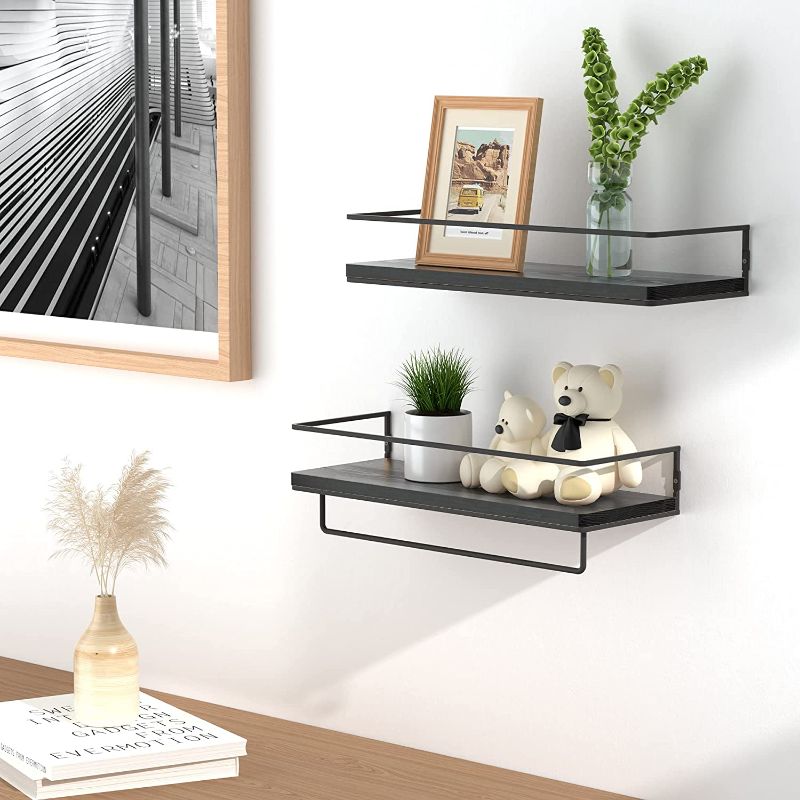 Photo 1 of ZGO Floating Shelves for Wall Set of 2, Wall Mounted Storage Shelves with Black Metal Frame and Towel Rack for Bathroom, Bedroom, Living Room, Kitchen, Office (Black)…
