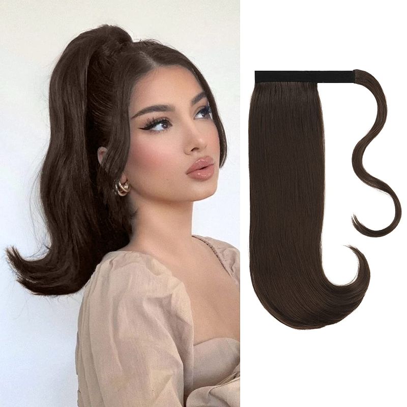 Photo 1 of FESHFEN Ponytail Extensions Wrap Around Pony Tail Clip in Hairpiece 18 inch Long Straight Medium Brown Ponytails Hair Extension Pony Tails Synthetic Hairpieces for Women Girls
