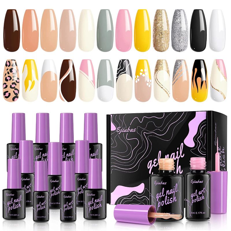 Photo 1 of Gel Polish Nail Art Liner - Ejiubas 12 Colors Gel Nail Polish Kit includes 6 Gel Art Paint for Swirl Nails Built Thin Nail Art Brush Gel Pens White Black Gel Polish and 6 Soak off Nude Nail Gel Polish
