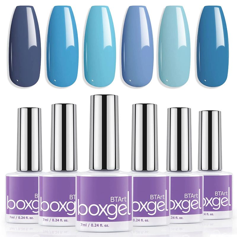 Photo 1 of Blue Gel Nail Polish Set - Summer Gel Nail Polish 2022 BTArtbox 6 Colors Sea Blue Sapphire Navy Aquarius Gel Polish Set Soak off Gel Nail Polish Kit with French Nail Stamper
