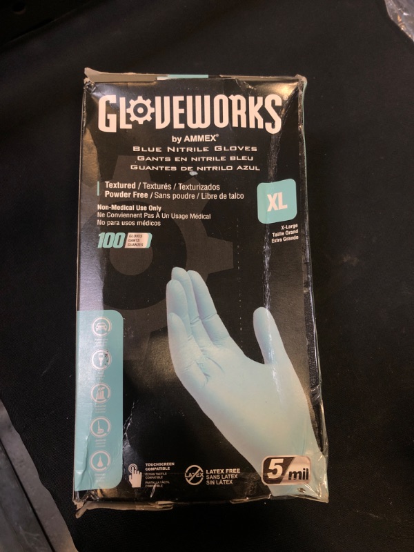 Photo 2 of GLOVEWORKS Blue Disposable Nitrile Industrial Gloves, 5 Mil, Latex & Powder-Free, Food-Safe, Textured, X-Large, Box of 100
