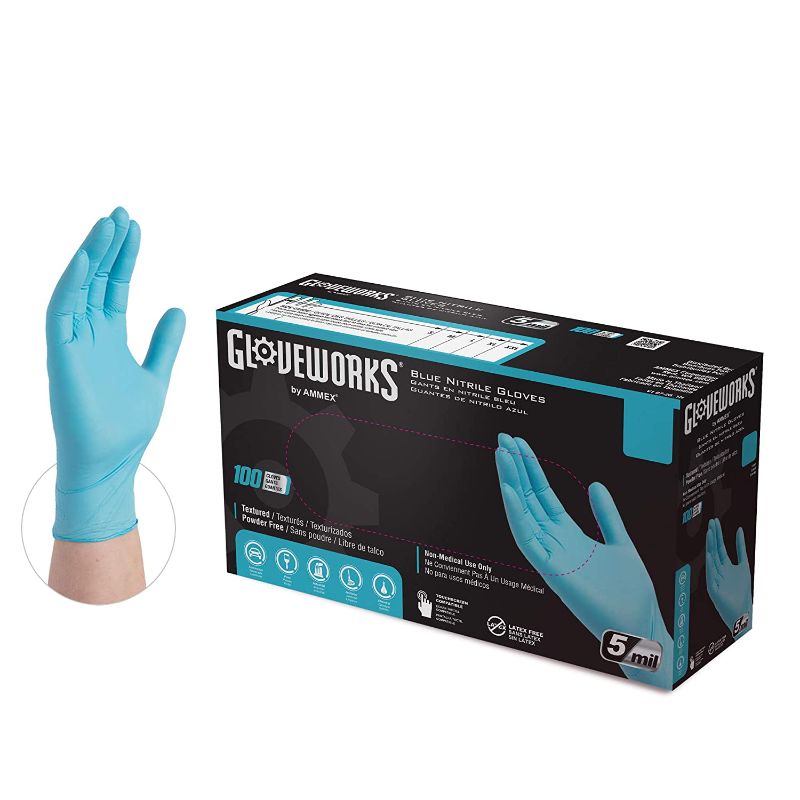 Photo 1 of GLOVEWORKS Blue Disposable Nitrile Industrial Gloves, 5 Mil, Latex & Powder-Free, Food-Safe, Textured, X-Large, Box of 100
