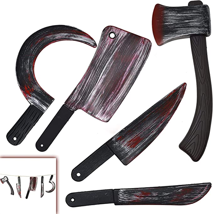 Photo 1 of JOYIN 5 Pieces Bloody Halloween Weapons Machete, Knife, Axe, Cleaver and Sickle Halloween Props Party Decoration Set for Halloween Decoration, Haunted Houses and Chunky Costume. Size 15"-17"
