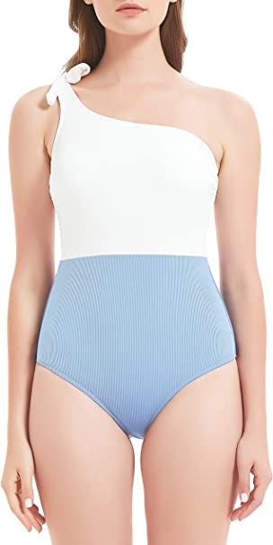 Photo 1 of Annbon Women's Ribbed One Piece Swimsuit Color Block One Shoulder Bowknot Bathing Suit - SML
