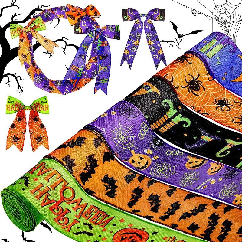 Photo 1 of 6 Rolls Halloween Wired Edge Ribbon for Wreaths 2.5 Inch x 30 Yards Bat Spider Web Pumpkin Print Grosgrain Ribbon Ghost Witch Hat and Leg Ribbon Halloween Party Decorative Ribbon Supplies, 6 Styles