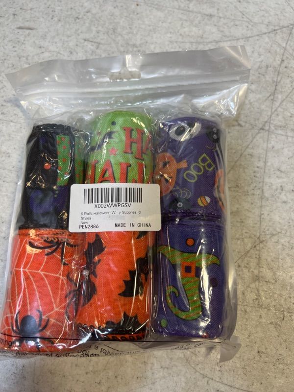 Photo 2 of 6 Rolls Halloween Wired Edge Ribbon for Wreaths 2.5 Inch x 30 Yards Bat Spider Web Pumpkin Print Grosgrain Ribbon Ghost Witch Hat and Leg Ribbon Halloween Party Decorative Ribbon Supplies, 6 Styles