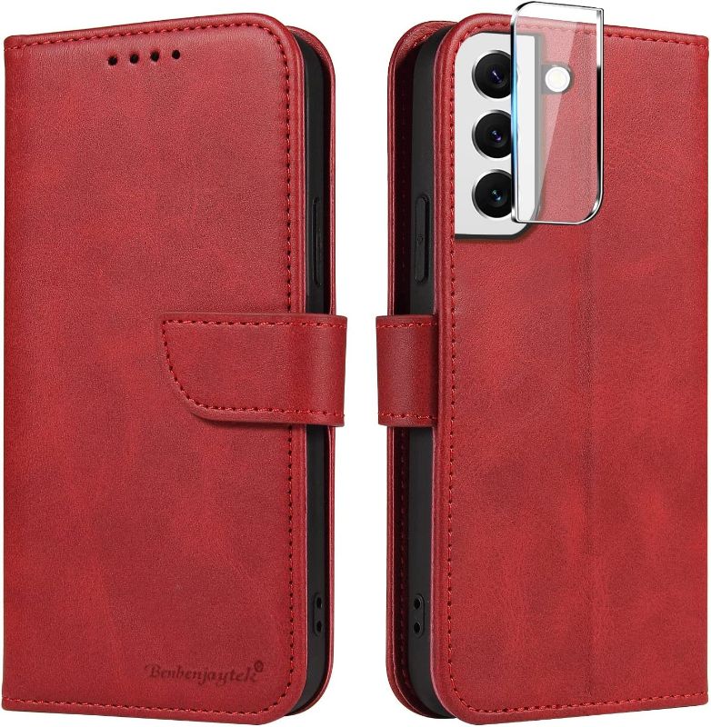 Photo 1 of Samsung Galaxy S22 Case Wallet Card Holder Premium Soft Leather+HD Lens Protector Flip Folio Kickstand Shockproof Cover for Women Men Compatible with Samsung S22 Only (Red)